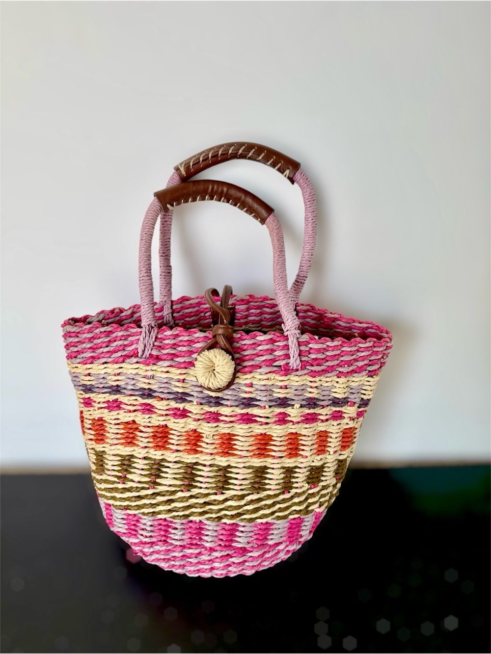 Pink Multicolor Handwoven Straw Purse with Rope & Leather Handles